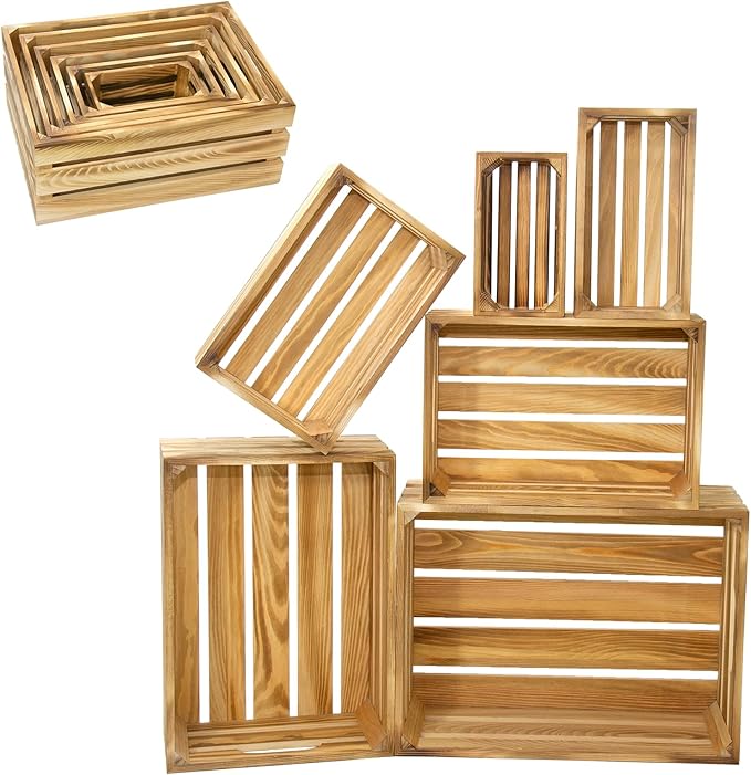Wooden Crates for Display 6 Pack Extra Large Rustic Nesting Wooden Basket with Handle, Decorative Farmhouse Wood Crate for Storage and Container, 6 Size Wood Basket Decor Boxes