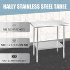 Hally Stainless Steel Table for Prep & Work 24 x 36 Inches, NSF Commercial Heavy Duty Table with Undershelf and Galvanized Legs for Restaurant, Home and Hotel