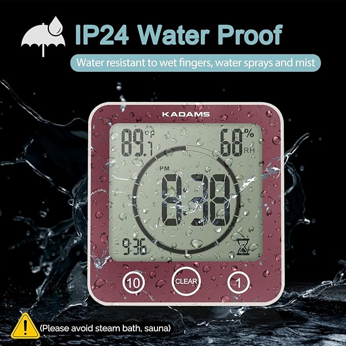 KADAMS Shower Clock Waterproof Bathroom Timer – Digital Wall Clock with Countdown, Magnetic Kitchen Clock with Temperature & Humidity, Suction Cup for Kids Shower Spa Cook Bath (Rose)