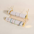 GemeShou Velvet Bangle storage oragenizer for selling,Beige bracelet storage rack for boutique store, Velvet wrap watch holder with wooden base for women girls【Bracelet holder-two tiers】
