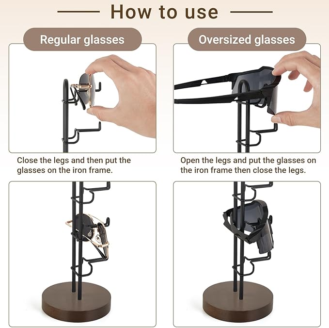 Mkono Sunglasses Organizer Glasses Holder Stand Sunglass Storage Eyeglasses Rack Metal Frame with Wood Base for 5 Pairs of Eyewear Display for Table Desk Countertop Dresser Bedroom, Set of 1, Black