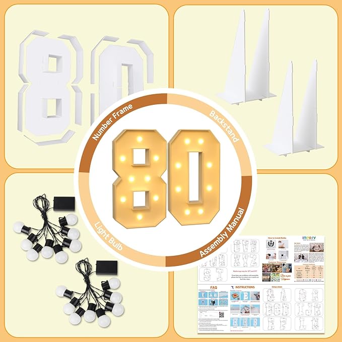 imprsv 3FT Light Up Numbers, Marquee Numbers 80th Birthday Decorations for Women Men, Large Light Up 80 Birthday Women Foam Board Anniversary Party Decorations Arch Kit (DIY)
