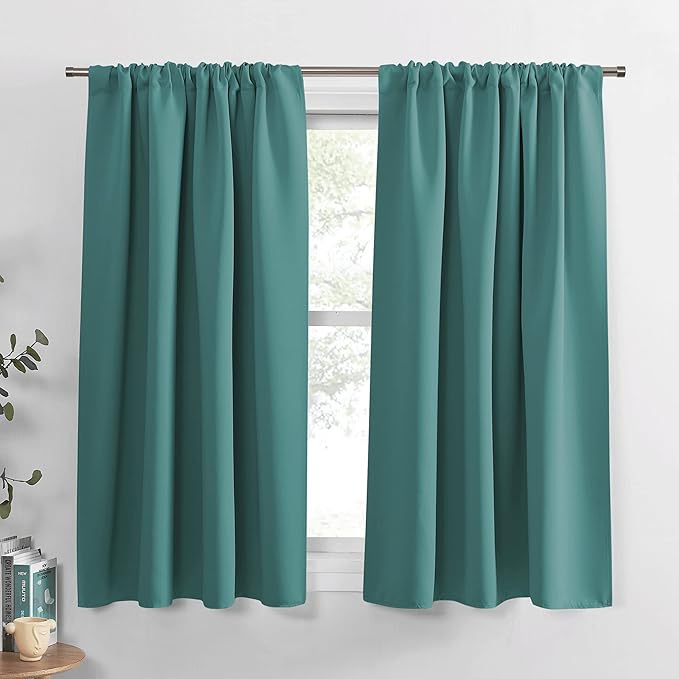 PONY DANCE Rod Pocket Curtains - 42 x 54 inches Sea Teal Blackout Curtain Panels Window Covering Thermal Insulated Light Block for Kitchen Bathroom Privacy Protect Drapes, 2 Pieces