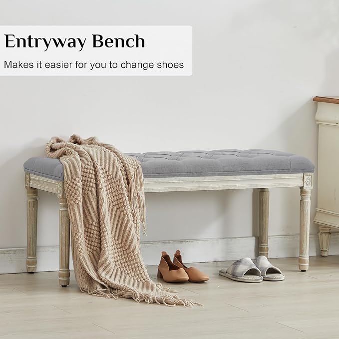 LOULENS 43.9" Linen Fabric End of Bed Bench, Vintage French Upholstered Button Tufted Entry Bench, Window Seat with Carved Wood Legs for Bedroom, Living Room, Entryway, Foyer, Hallway, Light Grey
