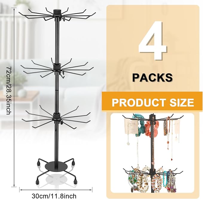 4 Pcs Spinning Jewelry Display Stand 3 Tier Rotating Keychain Earring Retail Rack Adjustable Fashion Counter Jewelry Tree Display Holder Organizer for Women Men (Black)