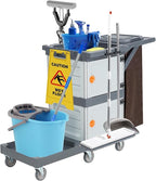 Commercial 3-Shelf Janitorial Cart with 2 Cabinets/Shelves, Commercial Traditional Wheeled Cleaning Cart with Cover and Oxford Bag, 300 Lb Capacity, Suitable for Schools, Hotels, Apartments