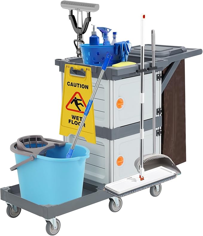 Commercial 3-Shelf Janitorial Cart with 2 Cabinets/Shelves, Commercial Traditional Wheeled Cleaning Cart with Cover and Oxford Bag, 300 Lb Capacity, Suitable for Schools, Hotels, Apartments