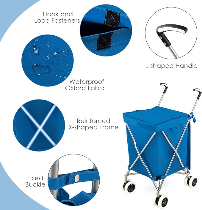 Goplus Folding Shopping Cart with Wheels, Grocery Cart with Removable Oxford Cloth Liner, Lightweight Utility Cart for Groceries Laundry Blue