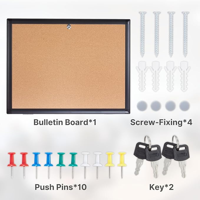Enclosed Bulletin Board 28x26 Inch Indoor Outdoor Tamper-Proof Cork Wall-Mounted Notice Board with Rust-Resistant Aluminum Frame & Lock for Hospital, Restaurant Kitchen, Office (Black Frame)