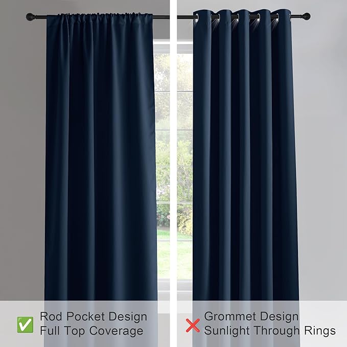 PONY DANCE Navy Blue Living Room Blackout Curtains 63 inch Length, Rod Pocket Thermal Insulated Black Out Window Drapes for Boy's Bedroom (2 Panels, W42 x L63 -Inch)