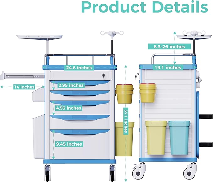 Medical Rolling Crash Cart with Wheels-CPR Board, IV Pole, O2 Holder, Trash Bin, Silent Casters,Drawers with Dividers, Emergency Cart for Clinic, Hospital, Nursing Center