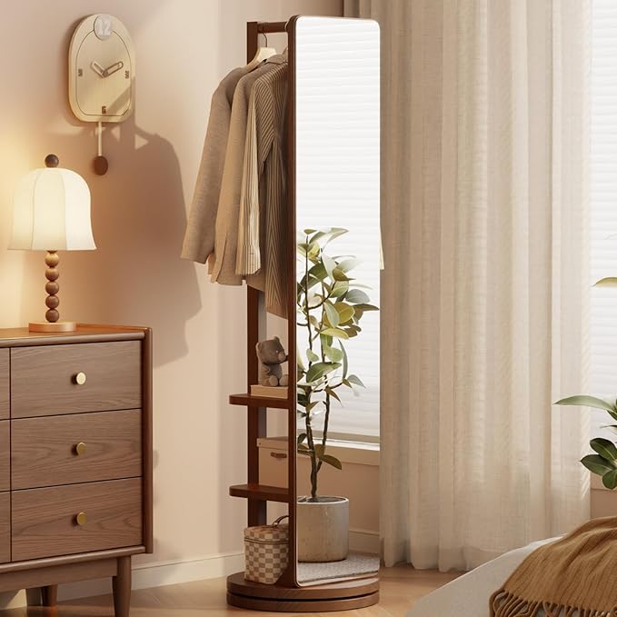 WoodsWhisper Full Length Mirror Coat Rack Solid Wood Floor Mirror 66"x12" Full Length Mirror with Stand Long Mirrors for Bedroom,Living Room