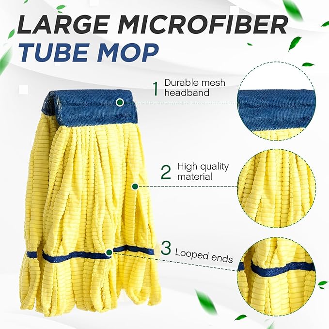 Hushee 6 Pack Large Microfiber Tube Mop Heads 18 oz Heavy Duty Commercial Industrial Wet Mop Head Refill Reusable Machine Washable Looped End Mopheads for Hardwood, Tile, Laminate Floors (Yellow)