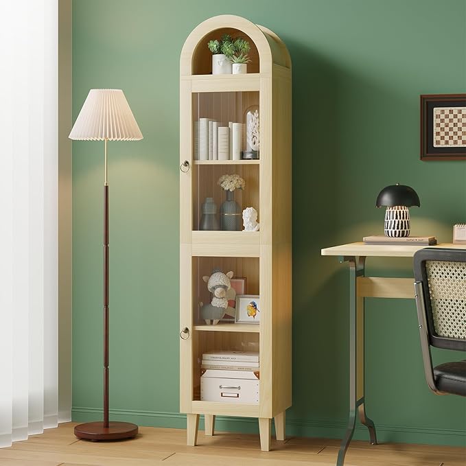 71” Tall Arched Pantry Cabinet with Glass Door, Display Cabinet Organizer, Versatile Pantry with Top-Opening Storage Container for Living, Kitchen Dining Room, Natural