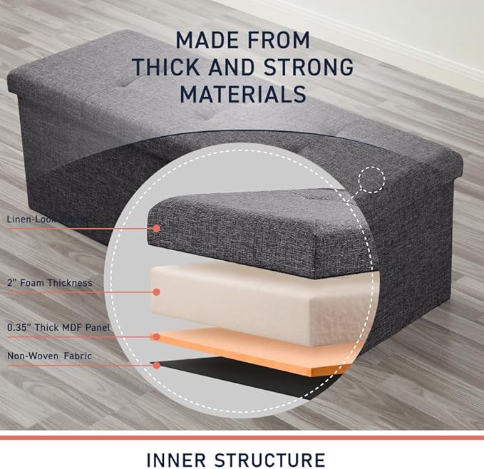 Ornavo Home 43 Inch Folding Storage Ottoman with Storage Bench, Long Large Storage Ottoman Bench, Storage Chest, Foot Rest Stool, Bedroom Bench with Storage - (Dark Gray)