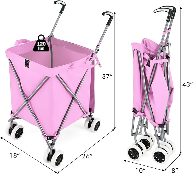 GOFLAME Folding Shopping Cart on Wheels, Waterproof Grocery Cart with Removable Cover and 360° Swiveling Wheels, Collapsible Utility Cart for Groceries and Laundry, 120LBS Load Capacity, Pink