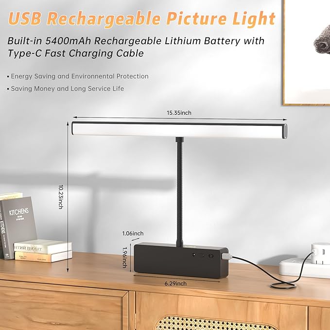 Lightbiz Picture Light 2 Pcs, 15.35inch 5400mAh Rechargeable Picture Lights for Wall Battery Operated Wall Lights with Remote, 3 Colors Paintings Light Dimmable Art Light for Artwork, Gallery (Black)