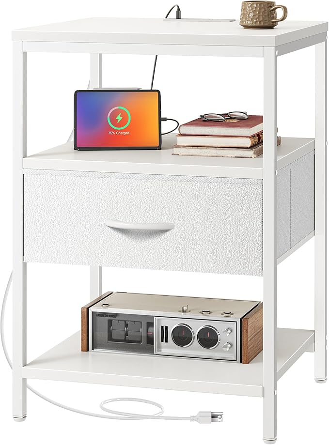SUPERJARE Nightstand with Charging Station, White Night Stand with Adjustable Drawers, 17.7 Inches Wider Side Table for Bedroom, 3-Tier Storage End Table with Open Shelf, PU Leather Surface