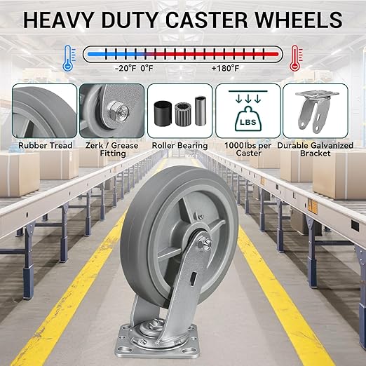 8'' × 2'' Caster Wheels, Heavy Duty Industrial Casters, Rubber Wheels with Roller Bearing, Load 1000lbs per Swivel Caster for Cart Dolly Toolbox Trolley (2 Swivel)