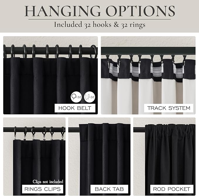 Black Blackout Curtains 96 Inches Long 2 Panel Set, Sun Blocking Curtains for Bedroom Modern Black Window Linen Drapes Thermal Insulated Pleated with Heading Tape Pin Hooks (W50 xL96)