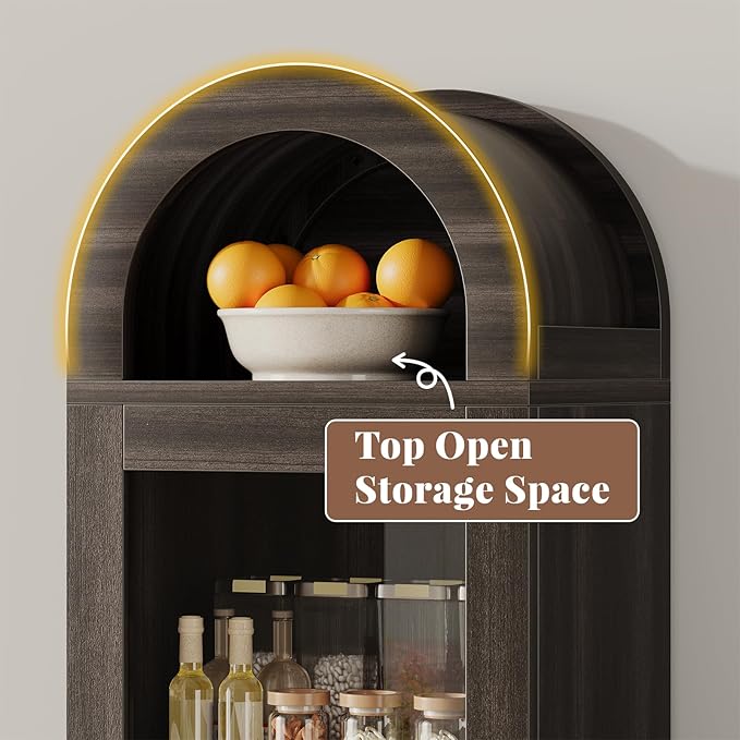 71” Tall Arched Pantry Cabinet with Glass Door, Display Cabinet Organizer, Versatile Pantry with Top-Opening Storage Container for Living, Kitchen Dining Room, Black