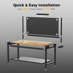 48" Heavy Duty Work Bench Adjustable Height Max Load 2000 LBS with Storage Shelf for Garage Workbench, Rubberwood Tabletop with Pegboard, LED Light, Built-in Power Strip for Woodworking Shop