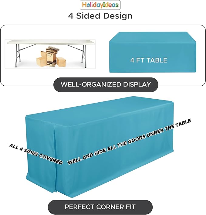 HolidayIdeas Fitted Tablecloths for 8 Foot Rectangle Table, Wrinkle Resistant Washable Table Cover 30x96 Inch for Vendor Booth Display, Banquet, Trade Show, Teal, 4 Pcs