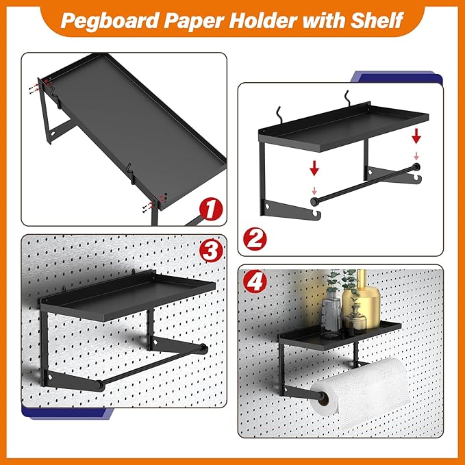 2 Pack Pegboard Paper Towel Holder with Shelf, Heavy Duty Peg Board Accessory, Metal Pegboard Organizer Accessories for Garage, Workshop, Craft Room