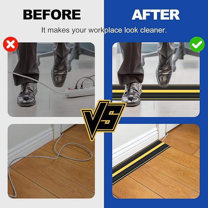 10Ft Cord Covers for Wires on Floor, 3-Channel Heavy Duty Floor Cord Cover with Anti-Slip Base & Yellow Warning Strips, Extension Cord Covers for Floor, Ideal for Home, Office, Outdoor Use