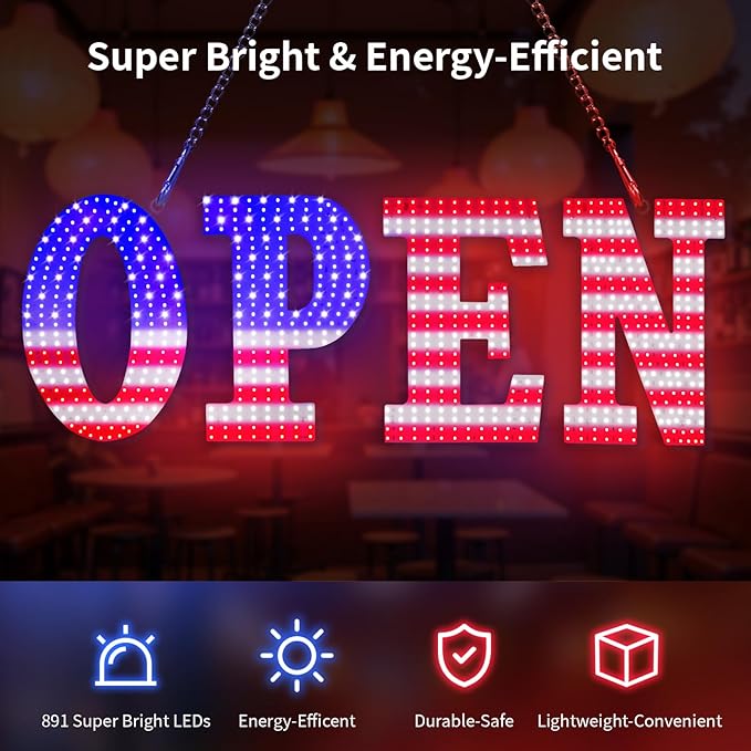 30"x10" Large LED Open Sign for Business - Unique Design super Bright Open Signs With chain - High Visibility for Stores, Bar, Hotel, Retail Shops,Window, Salon, Restaurant, Office (American Flag, 30x10)