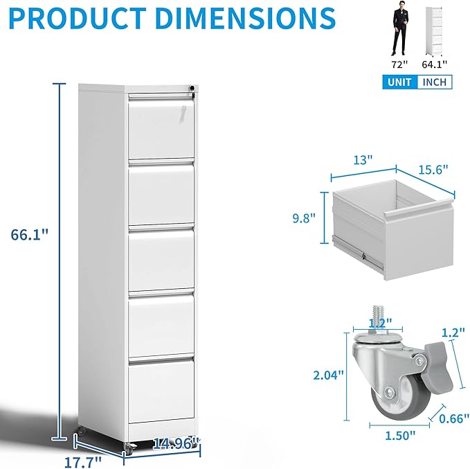 5 Drawer Rolling File Cabinet with Lock, Metal Filing Cabinets on Wheels, Vertical Steel Office Drawers Storage for Hanging Legal/Letter Folders, Require Assembly (White)