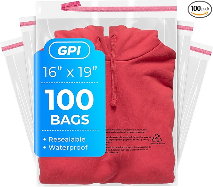 100 Count - 16" x 19" Extra-Large Self Seal Poly Bags with Suffocation Warning, 1.5 Mil, Clear Polybags with Resealable Adhesive Strip for Shipping & Packaging Clothing, T Shirts & Sweaters. GPI