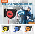 VEVOR 75FT Retractable Extension Cord Reel, 14AWG/3C SJTOW Heavy Duty Power Cord w/Lighted Electrical Triple Tap Outlets, 13A Circuit Breaker,180° Swivel Bracket for Workshop or Garage, Red