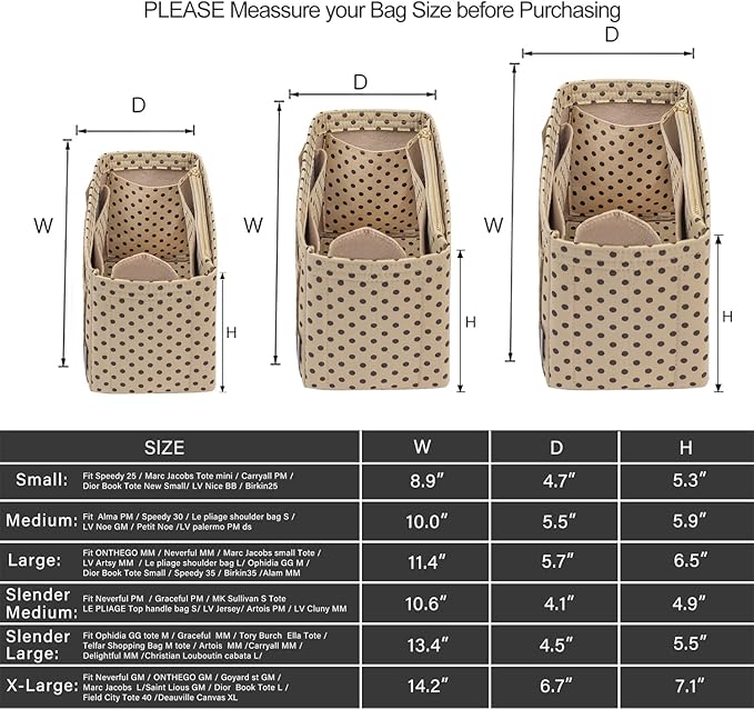 ZTUJO Purse Organizer Insert For Handbags, Silky Touching Bag Organizer Insert With Bottle Holder, Perfect for Speedy, Neverfull, Tote,ONTHEGO,Artsy,Handbag and More (Large, Brown polk dots Beige)