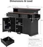 Rolling Kitchen Island with Two-Tier Bar Counter and Power Outlets, 3 Drawers & 4 Door Shelves, Mobile Kitchen Cart with Storage Cabinets & Locking Wheels for Dining Room & Kitchen, 53-Inch, Ash Black