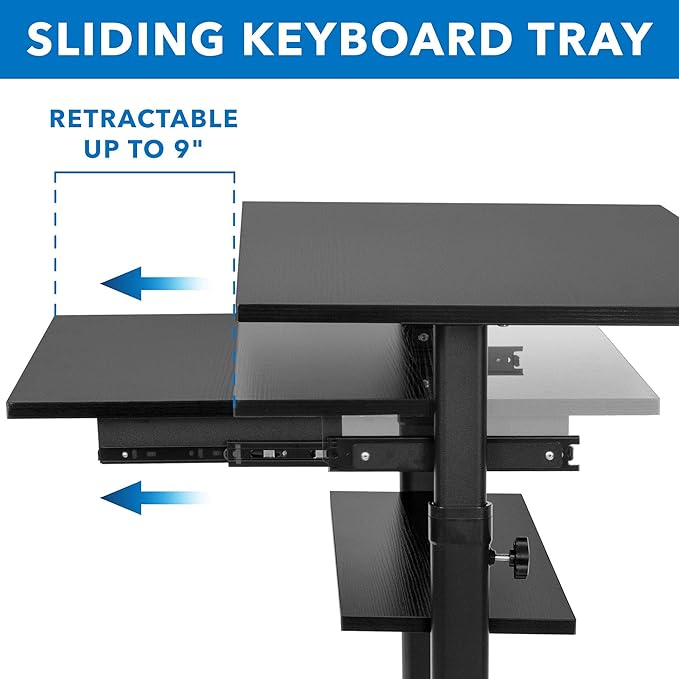 Mount-It! Mobile Standing Desk with Retractable Keyboard Platform | Height Adjustable Stand Up Computer Workstation | Locking Wheels, 99 Lbs Capacity
