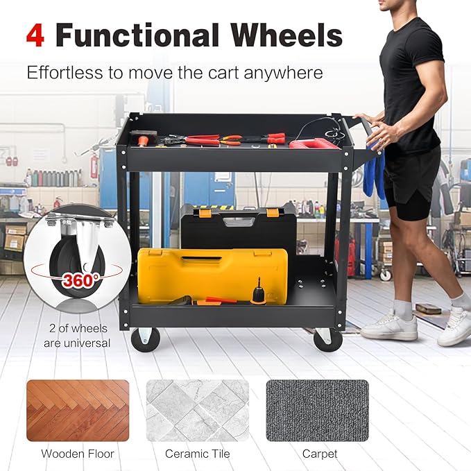 Goplus 2-Tier Utility Cart, Heavy Duty Commercial Service Tool Cart w/Handle, 550 lbs Max Support, Rolling Mechanic Metal Tool Cart Storage Organizer for Home, Garage, Warehouse