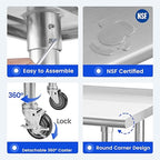 Stainless Steel Table for Prep & Work 24 x 72 Inches with Caster Wheels, NSF Commercial Heavy Duty Table with Undershelf and Backsplash for Restaurant, Home and Hotel