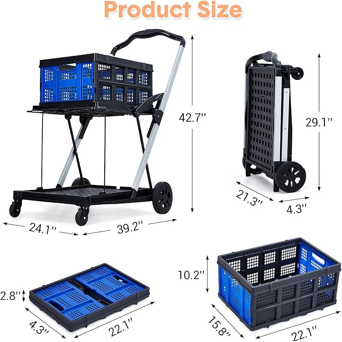Foldable Shopping Cart with 2 Storage Crates – 2-Tier Collapsible Utility Cart, Aluminum Trolley with 360° Rolling Swivel Wheels & Removable Baskets for Groceries, Office, Travel, Apartment