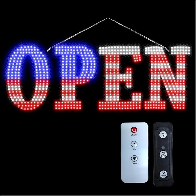 USA Flag 40"x14" Extra Large LED Open Signs for Business with Remote Controlled, 10 Levels Brightness Adjustable Unique Design Super Bright with Chain, High Visibility for Store Bar Hotel Retail Shop