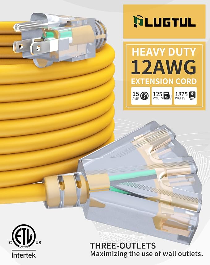 15Ft 12 Gauge Outdoor Extension Cord with 3-Outlets, 2 Pack, Heavy Duty 3 Prong Extension Cord Waterproof with Lighted end, 15A SJTW, ETL Listed, Yellow