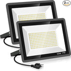 2 Pack 50W Warm White Led Flood Lights Outdoor,3000K Super Bright 7500LM Security Lights with Plug,Exterior IP66 Waterproof FloodLight for Basketball Court, Yard, Garden, Playground