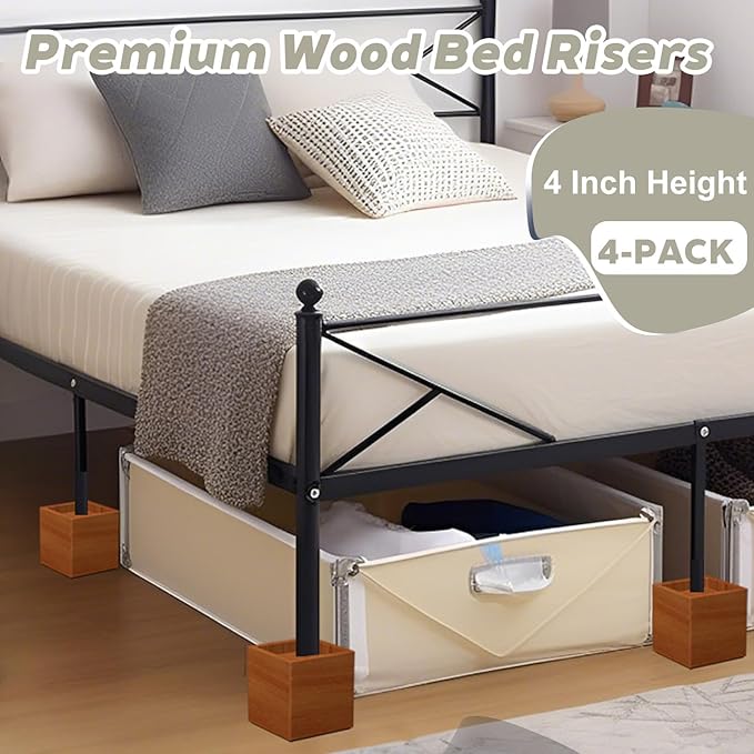 4-Inch Solid Pine Furniture Risers – 2000LBS Capacity, Tool-Free Install, Natural Wood Design for Beds, Sofas & Desks (4 Inch)