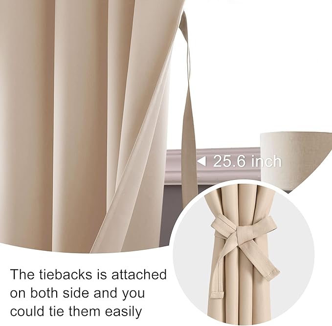 JIUZHEN Blackout Curtains for Bedroom - Thermal Insulated Room Darkening Rod Pocket Curtains for Living Room, Set of 2 Panels with Tiebacks, 38 x 45 Inch Length, Beige