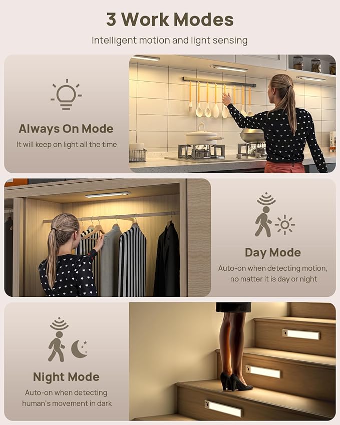 Under Cabinet Lights Wireless,12" Motion Sensor Light Indoor with Remote Control,2500mAh LED Rechargeable Battery Operated Closet Light,3 Color Temps,Under Counter Lights for Kitchen,Stairs,Hallway