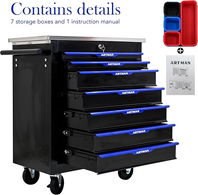 7 Drawer Rolling Tool Chest with Locker, 25.9" D Metal Movable Lockable Tool Cart Box Multi-Functional Hardware Storage Cabinet Box for Warehouse Basement Home Pantry Garage