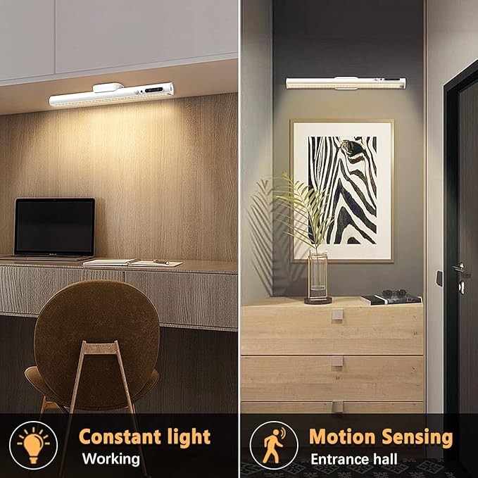 Battery Powered Operated Wall Strip Lights, Motion Sensor LED Light Bar Indoor, Rechargeable Magnetic Under Cabinet Lighting Wireless with Remote Control for Desk Mirror Closet – White