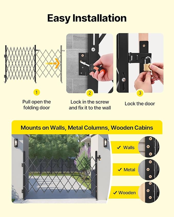 VEVOR Single Folding Security Gate, Lockable Scissor Gate with 360° Swivel Casters, Outdoor Barricade Steel Retractable Gates, for Entry Security, Garage, Warehouse & Pool, 74.80 x 51.57 in (W x H)