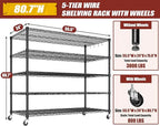 PrimeZone 5 Tier 80.7" Hx55.5 Wx24 D Wire Shelving with Wheels 3000lbs NSF Certified Storage Shelves Heavy Duty Metal Shelf Adjustable Rolling Rack Commercial Garage Restaurant Warehouse Kitchen 2Pcs