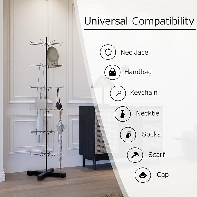 Black Spinning Rotating Display 6-Tier Heavy-Duty Retail Display Rack with Hooks for Jewelry, Keychains, Socks, Toys Commercial Use